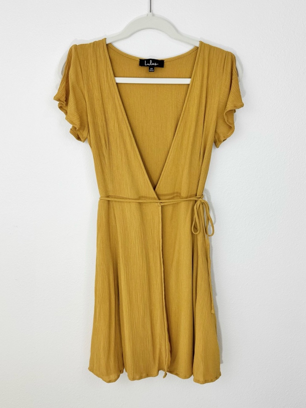 Lulus Harbor Point Mustard Yellow Flutter-Sleeve Mini Wrap Dress XS